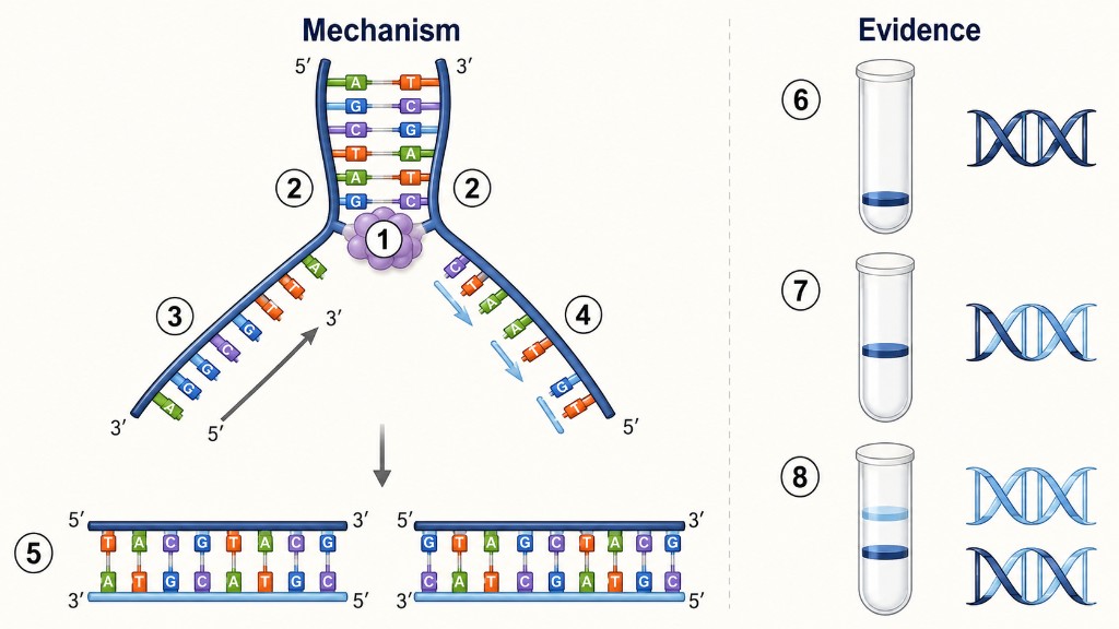 Replication fork with enzymes and Meselson–Stahl density bands supporting semi-conservative replication